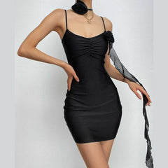 Flower Applique Solid Backless V Neck Ribbon Cami Mini Dress