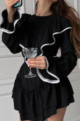 Lacework Ruffle Neck A-Line Dress