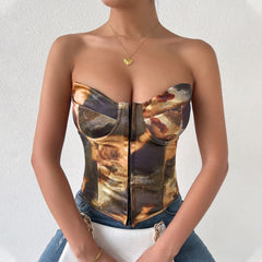 Lace Up Back Button Print Heart Neck Bustier Tube Top