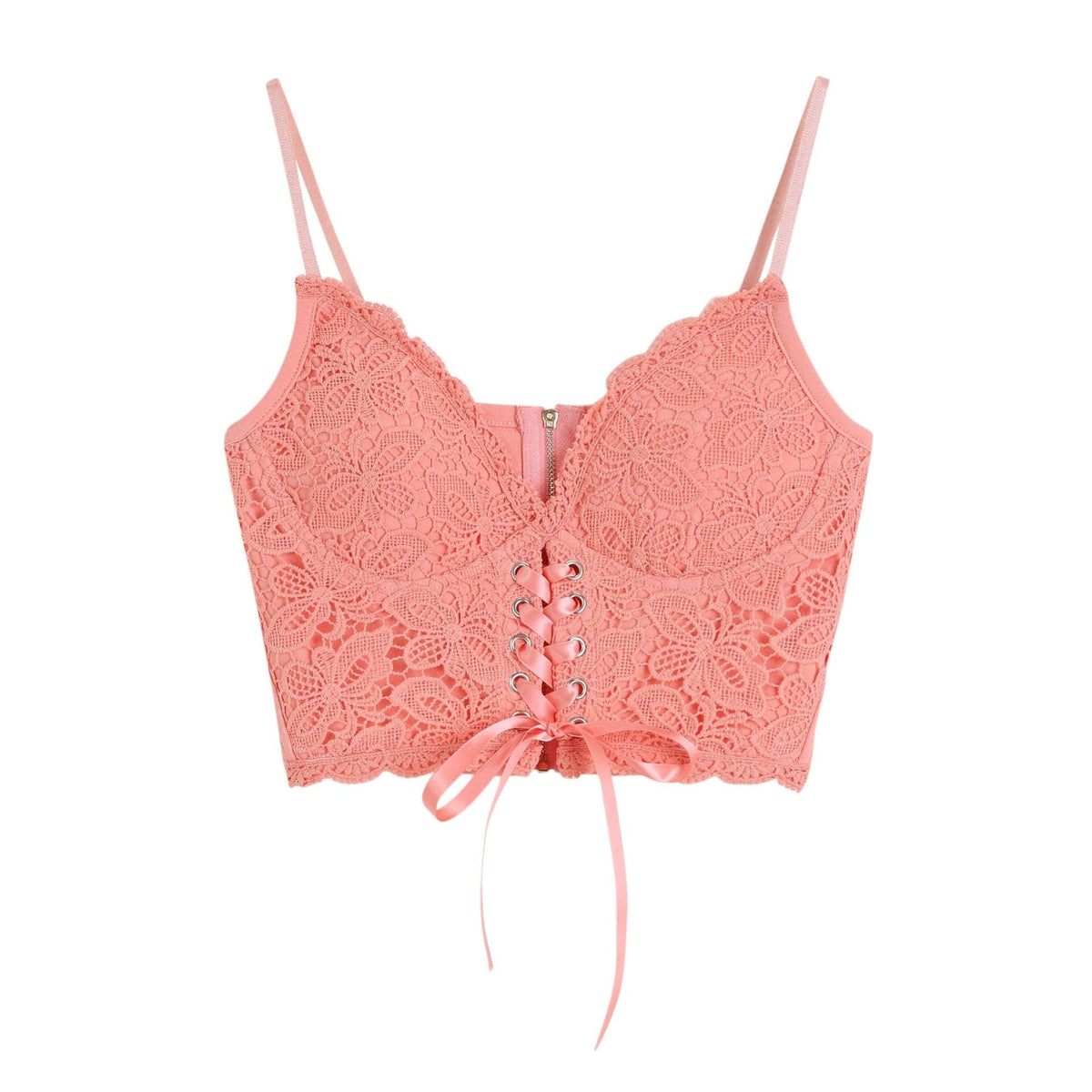 V Neck Heart Neck Solid Lace Up Zip-Up Lace Hem Cami Top
