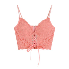 V Neck Heart Neck Solid Lace Up Zip-Up Lace Hem Cami Top