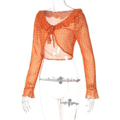 See Through Self Tie Ruffled Long Sleeve Floral Top - Final Sale