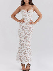 Stylish Sexy Lace Charming Halter See-Through Midi Dress