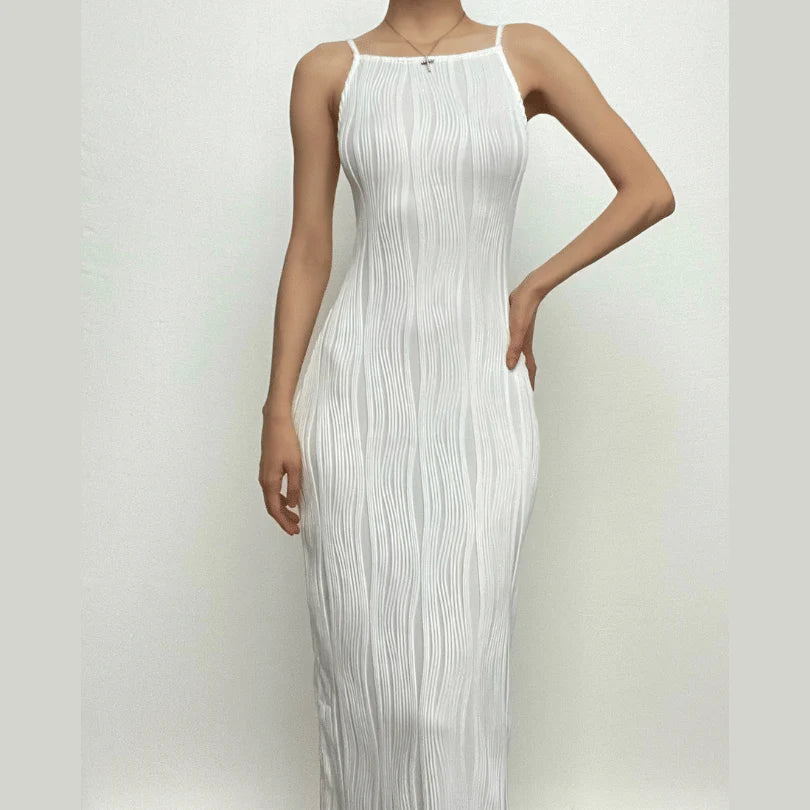 Textured Slit Backless Solid Cami Midi Dress