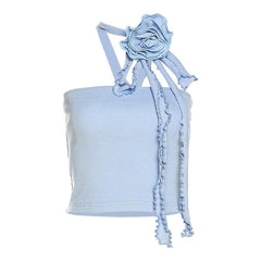 Sleeveless Solid Halter Flower Applique Backless Crop Top