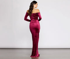 Celeste Off The Shoulder Graceful Wrap Front Velvet Dress