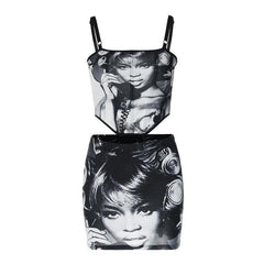 Contrast Abstract Print Square Neck Cami Mini Skirt Set