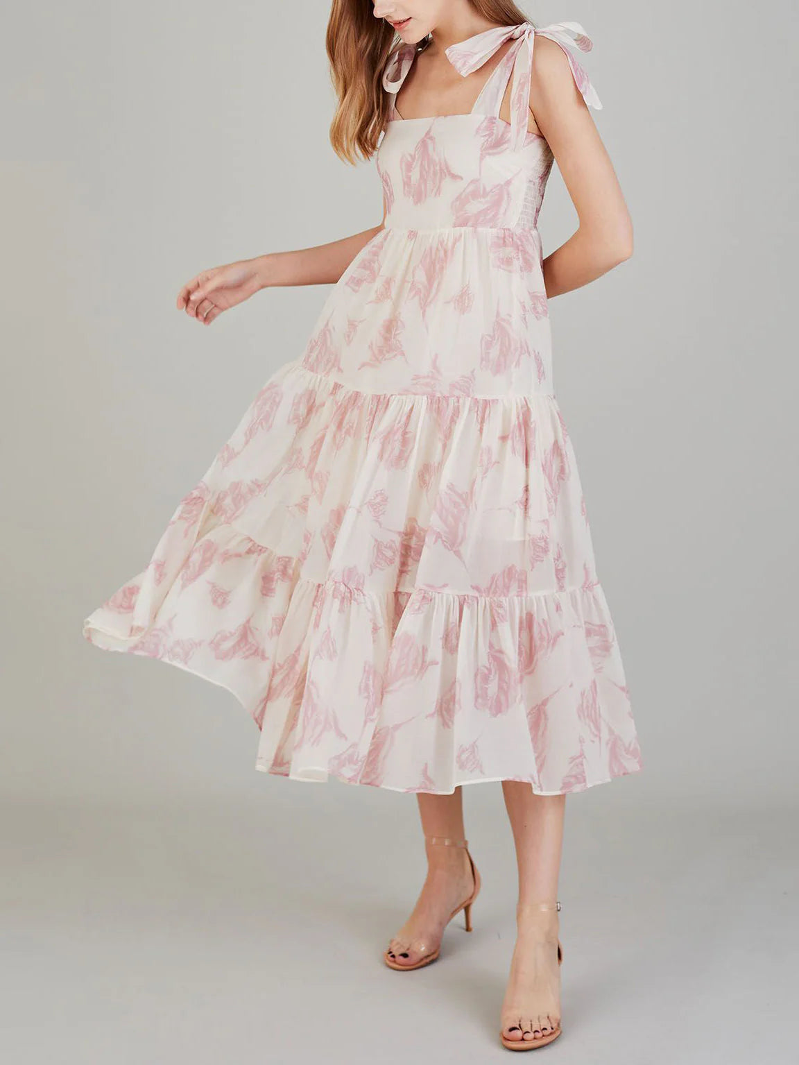 Unique Retro Sunshine Floral Graceful Print Lace-Up Midi Dress