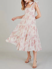 Unique Retro Sunshine Floral Graceful Print Lace-Up Midi Dress