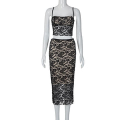 Lace Contrast Button Backless Square Neck Cami Midi Skirt Set