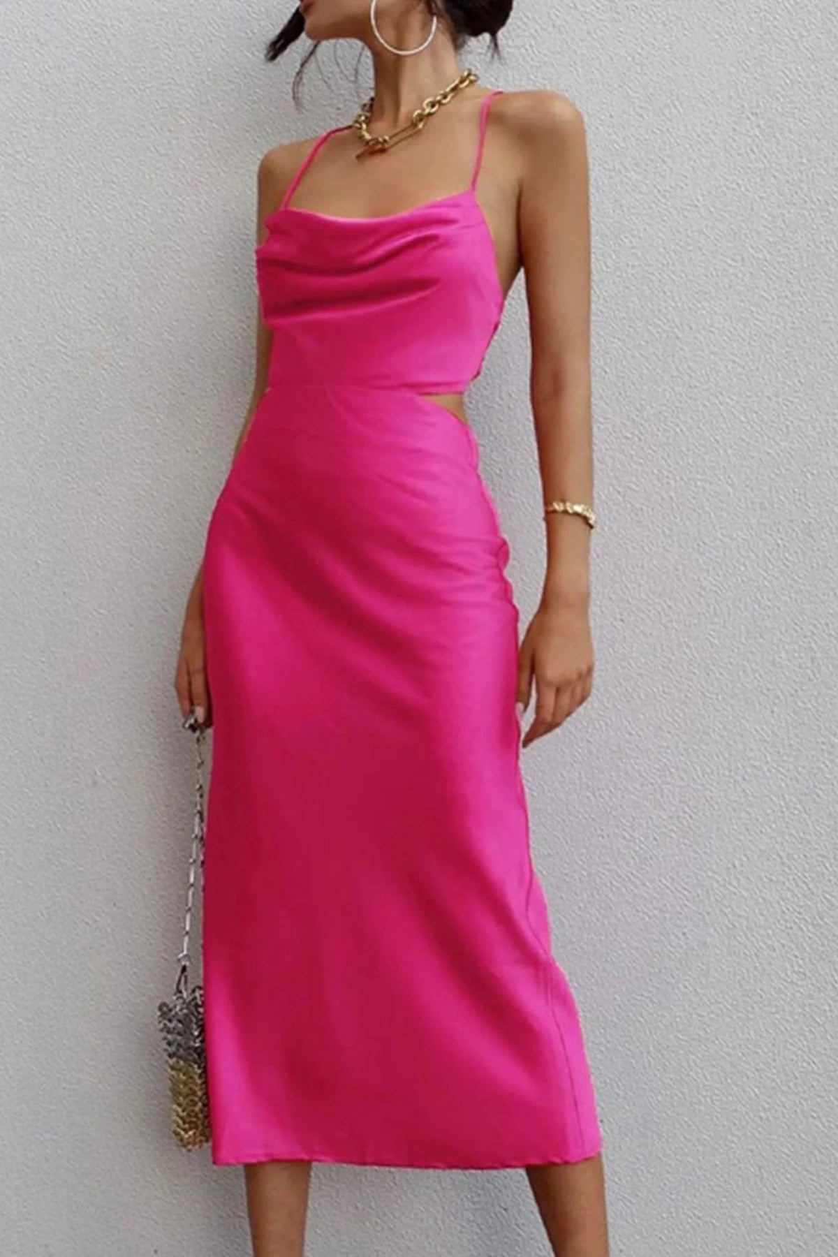 Rose Satin Tie-Back Criss-Cross Cami Dress