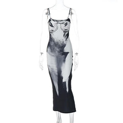Square Neck Contrast Print Backless Slit Cami Maxi Dress