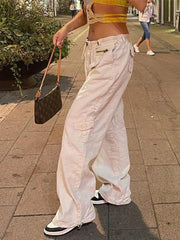 Women Spring Fashion Multi Pockets White Cargo Pants Women Adjustable Low Waist Baggy Wide Leg Jeans Oversized Casual Trousers Retro Bottoms Iamhotty