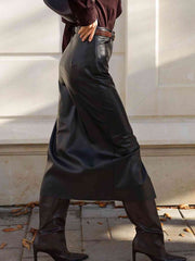 Pu Slit Faux Leather Slit Sexy Midi Skirt