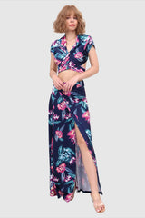 V-Neck Crop Tied Top & Front Slit Skirt