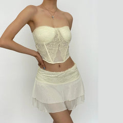 Mesh Solid Sleeveless Backless Lace Hem Tube Top Skirt Set
