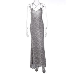 Snakeskin Print Cross Back U Neck Backless Cami Maxi Dress