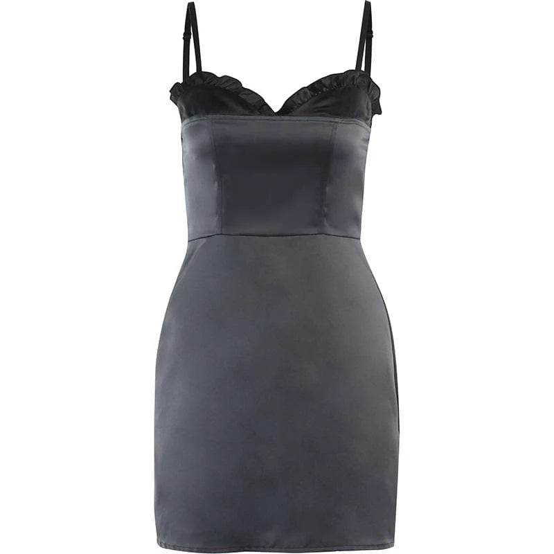 Patchwork Satin Ruffle Contrast Zip-Up Backless Cami Mini Dress - Final Sale