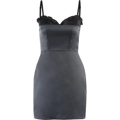 Patchwork Satin Ruffle Contrast Zip-Up Backless Cami Mini Dress - Final Sale