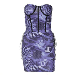 Lace Up Backless Corset Contrast Print Tube Top Mini Skirt Set