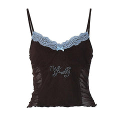 Ruffle Beaded Lace Hem V Neck Mesh Contrast Cami Top