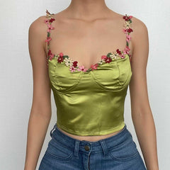 Sweetheart Neck Flower Embroidery Zip-Up Satin Cami Crop Top