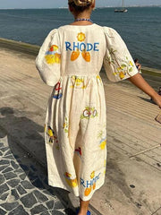 Unique Holiday Folk Floral Graceful Print Puff Sleeve Midi Dress