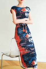 Sleeveless Side Slit Full Pleated Print Dress