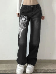New Printed Baggy Y2K Jeans Women'S Low Waist Jeans Autumn Winter Oversize Wide Leg Baggy Pants Casual Cargo Trousers