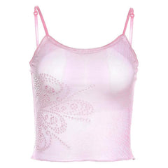 Sheer Mesh See Through Beaded U Neck Cami Crop Top - Final Sale