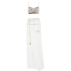 Lace See Through V Neck Contrast Cami Maxi Skirt Set