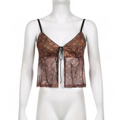 Mesh Flower Print Self Tie Backless V Neck Cami Crop Top - Final Sale