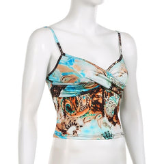 Abstract Print Ruched Contrast V Neck Backless Cami Crop Top - Final Sale