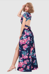 V-Neck Crop Tied Top & Front Slit Skirt