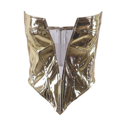 Metallic V Neck Zip-Up Low Cut Backless Corset Tube Top