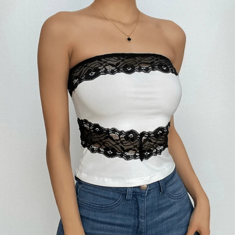 Backless Lace Hem Patchwork Contrast Tube Top