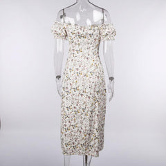 Short Sleeve Off Shoulder Puff Sleeve Slit Flower Pattern Ruched Midi Dress