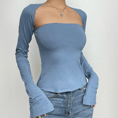 Solid Long Sleeve Shrug Slit 2 Piece Tube Top
