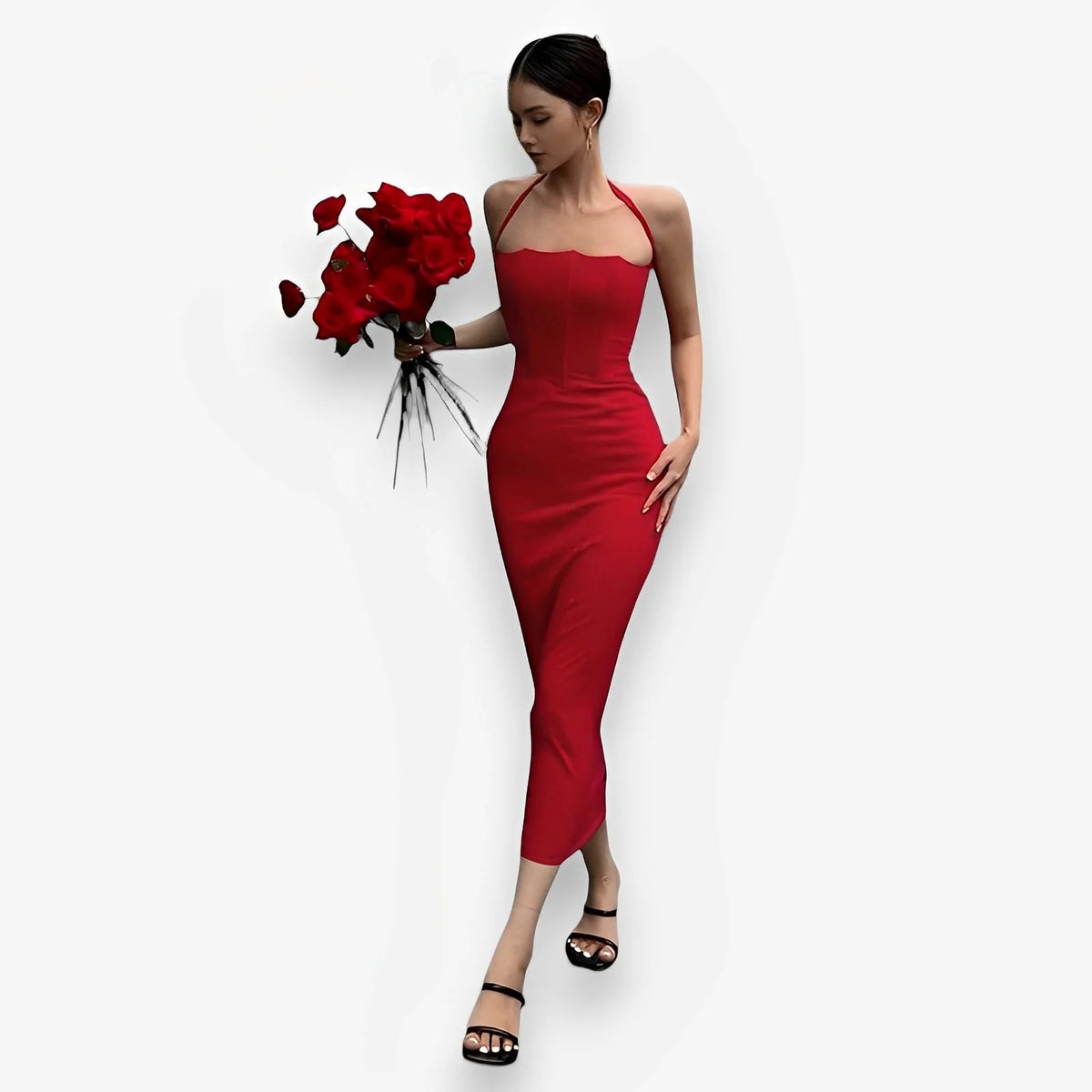 French Halter Neck Long Slim Dress