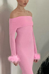 Off-Shoulder Fuzzy Cuff Ribbed Knit Dress